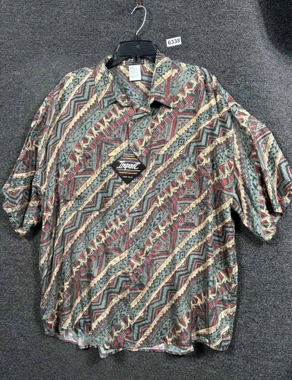 Impact 100% Silk Button-Up Shirt Mens Size XL Short Sleeve Tribal Drum Print NEW